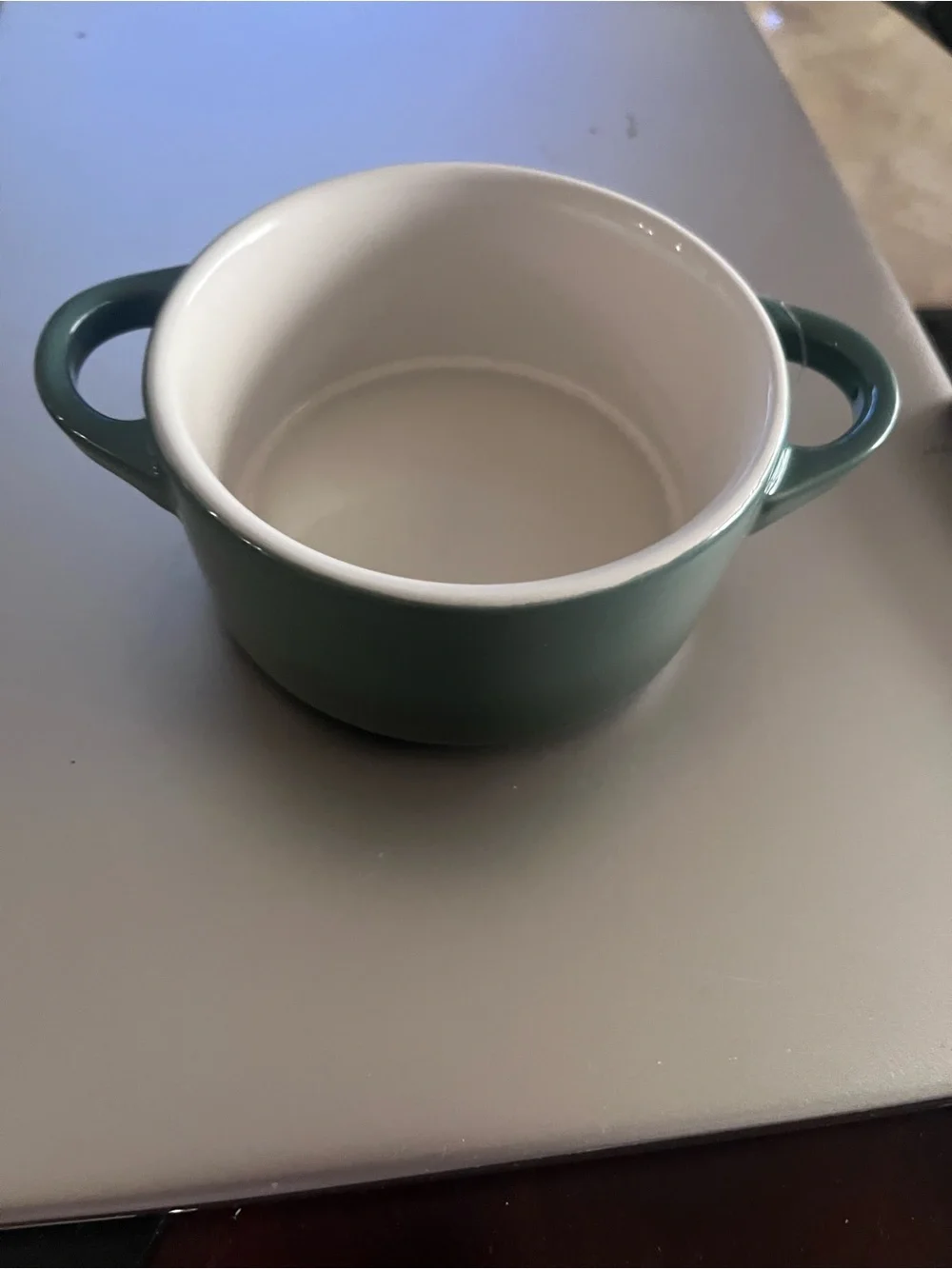 Le Creuset Teal Green Double-Handled Stoneware Serving Bowl with White Interior